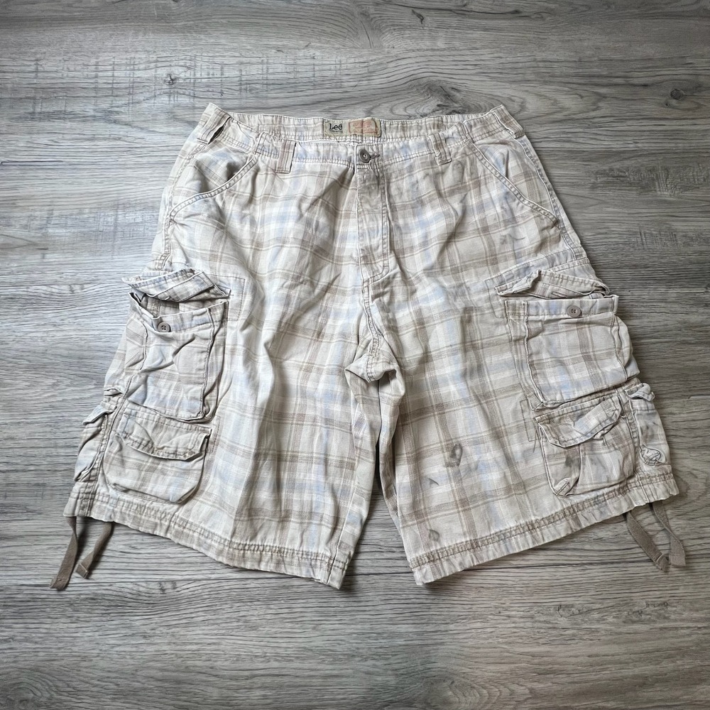 Lee Cargo Shorts Mens 34 Tan Blue Plaid Dungarees Heavy Twill Y2K Gorpcore Skate